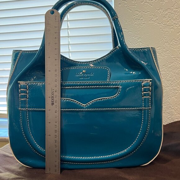 Unused Kate Spade Teal Patent Leather Satchel Bag Structured White Stitching - Picture 11 of 12
